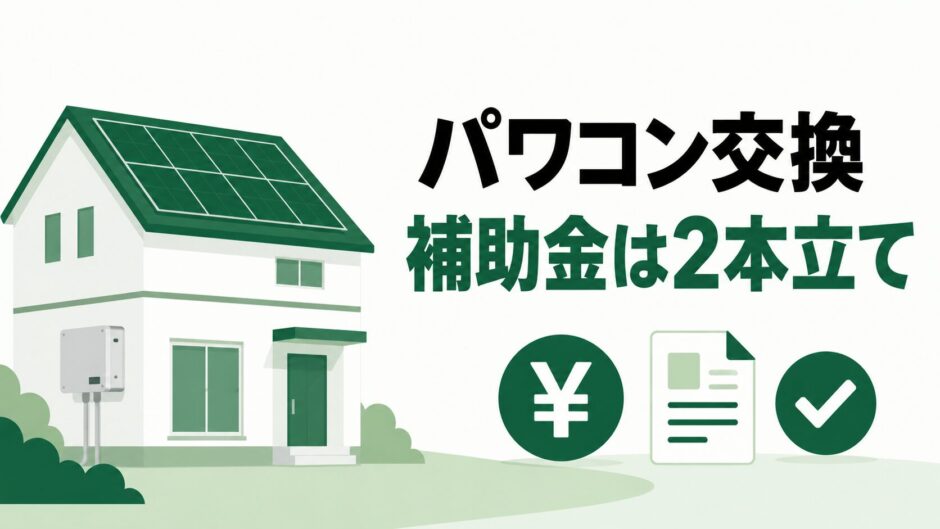 太陽光パネルとパワーコンディショナを設置した戸建て住宅と、東京都のパワコン交換補助金が2制度あることを示すイラスト