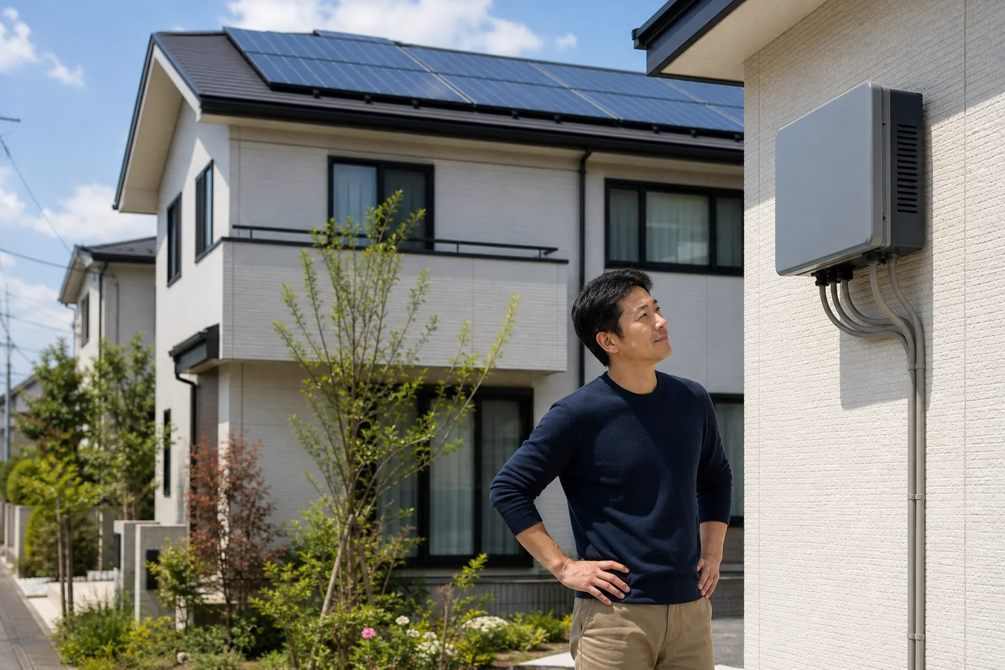 太陽光パネルを載せた戸建て住宅の前で、外壁に設置されたパワーコンディショナーを見上げる男性