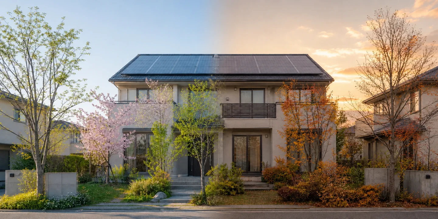 太陽光パネルを載せた同じ戸建て住宅の庭木が、春から夏、秋へと移り変わる様子