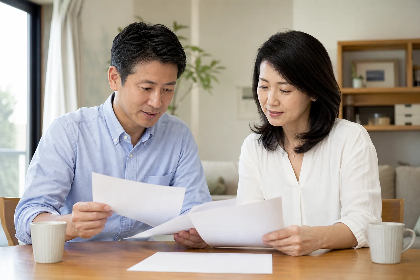 ダイニングテーブルで見積書とみられる書類を見ながら話し合う夫婦